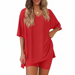 Women's 2 Piece Outfits Lounge Sets V Neck Oversized Short Sleeve Tunic Tops and Biker Shorts Tracksuit Casual Sweatsuits