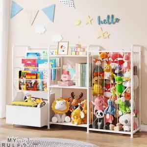 Stuffed Animal Storage Organizer - Toy Storage with Kids Bookshelf & Large Plushies Holder for Kids Room - Multi-Functional Furniture for Nursery, Bedroom, and Playroom, White