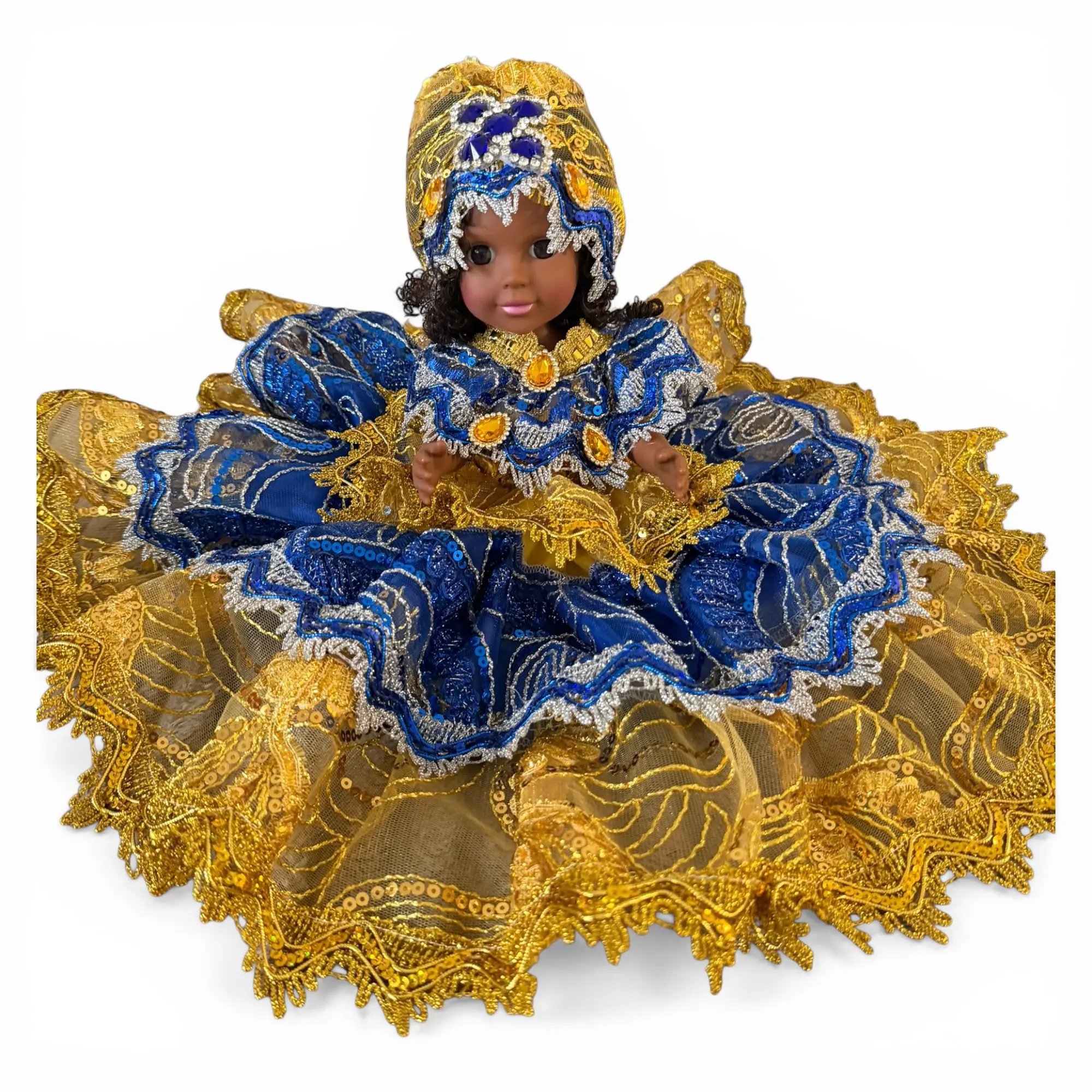 Handmade Blue and Gold Spiritual Doll - Yoruba Santeria Inspired Religious Decor, African Altar Figurine, Luxury Collectible Gift