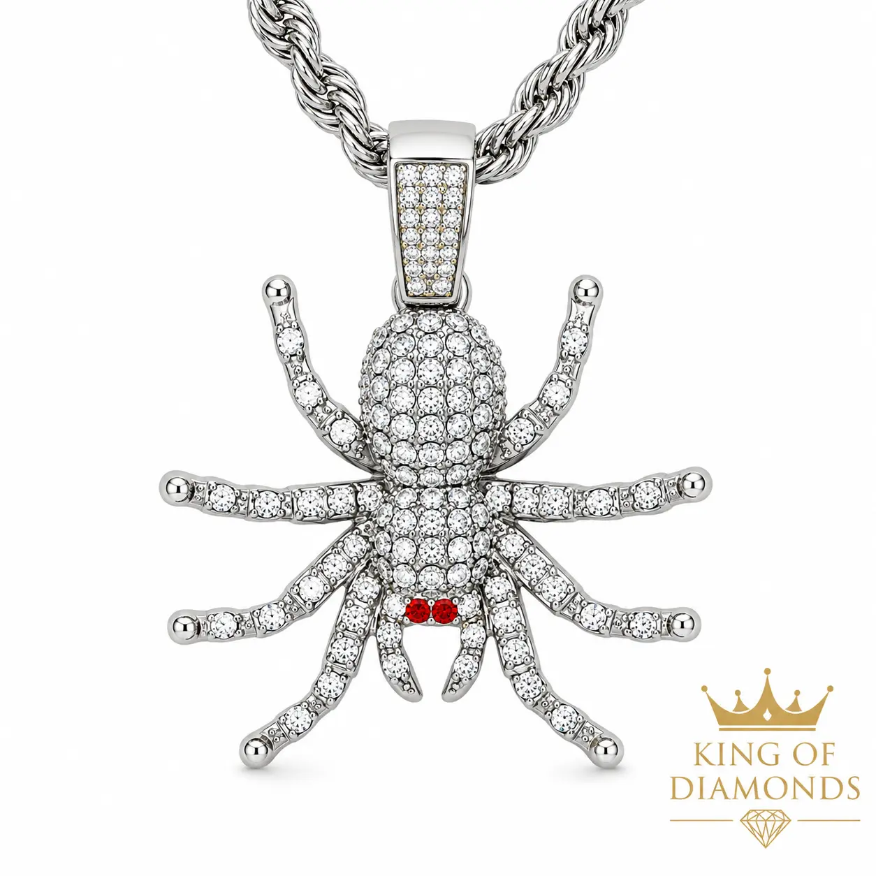 Iced Out Spider Pendant Necklace, 24 Inch Unisex Twisted Rope Chain, Plated Alloy Statement Jewelry for Photoshoots, Casual Wear, Approx. 24", Bold Look, Statement Necklace, Spider Charm, Animal, Single Necklace