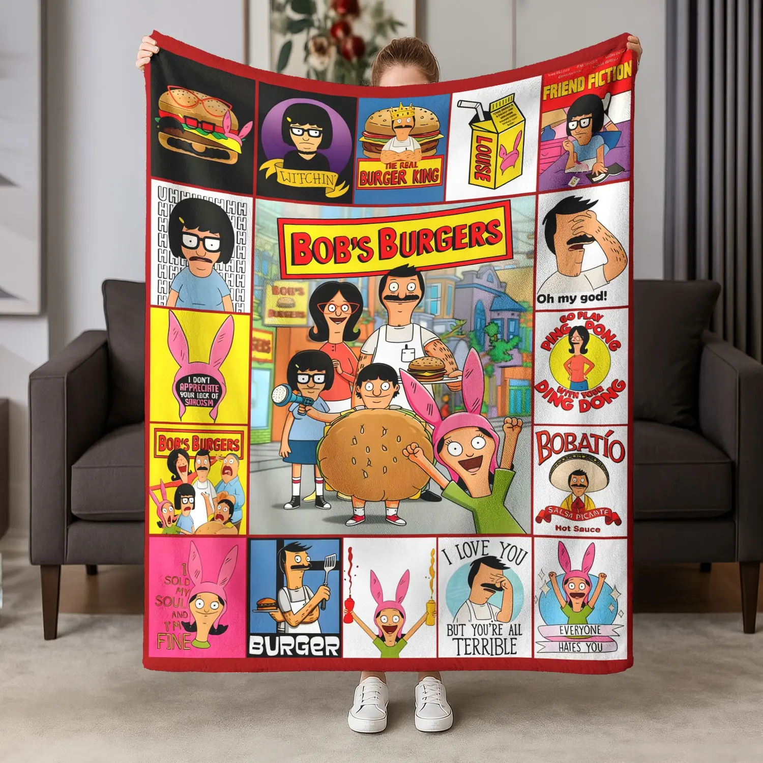 1pc Bob's Burgers Plush Blanket, Bob Family Throw, Soft Warm Blanket, Soft Cozy Blanket, Soft Comfort Design, Home Cover, Bedroom Decor, Birthday Gift for Fans & Cartoon Lovers, Soft Blankets