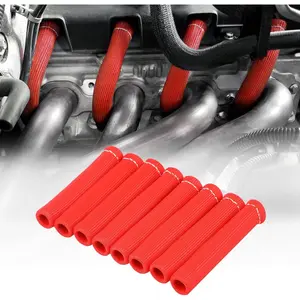 8 PCS Spark Plug Boot Protector 2500° Spark Plug Heat Sleeve Wire Covers Wrap 6 Inch For Ls1,Ls2,Sbc,Bbc,350,454 Spark Plug Header Boots (Red)