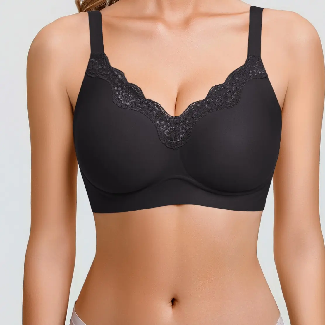 Womens Wireless Jelly Bras No Underwire V-Neck Lace Trim Bralette Seamless Full Coverage Convertible T-Shirt Bra