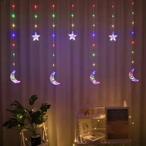 Moon Star Curtain Light for Home Bedroom Background Wall Hanging Lamp, Festival Atmosphere Indoor String Decoration, Ramadan Valentine's Day Decor