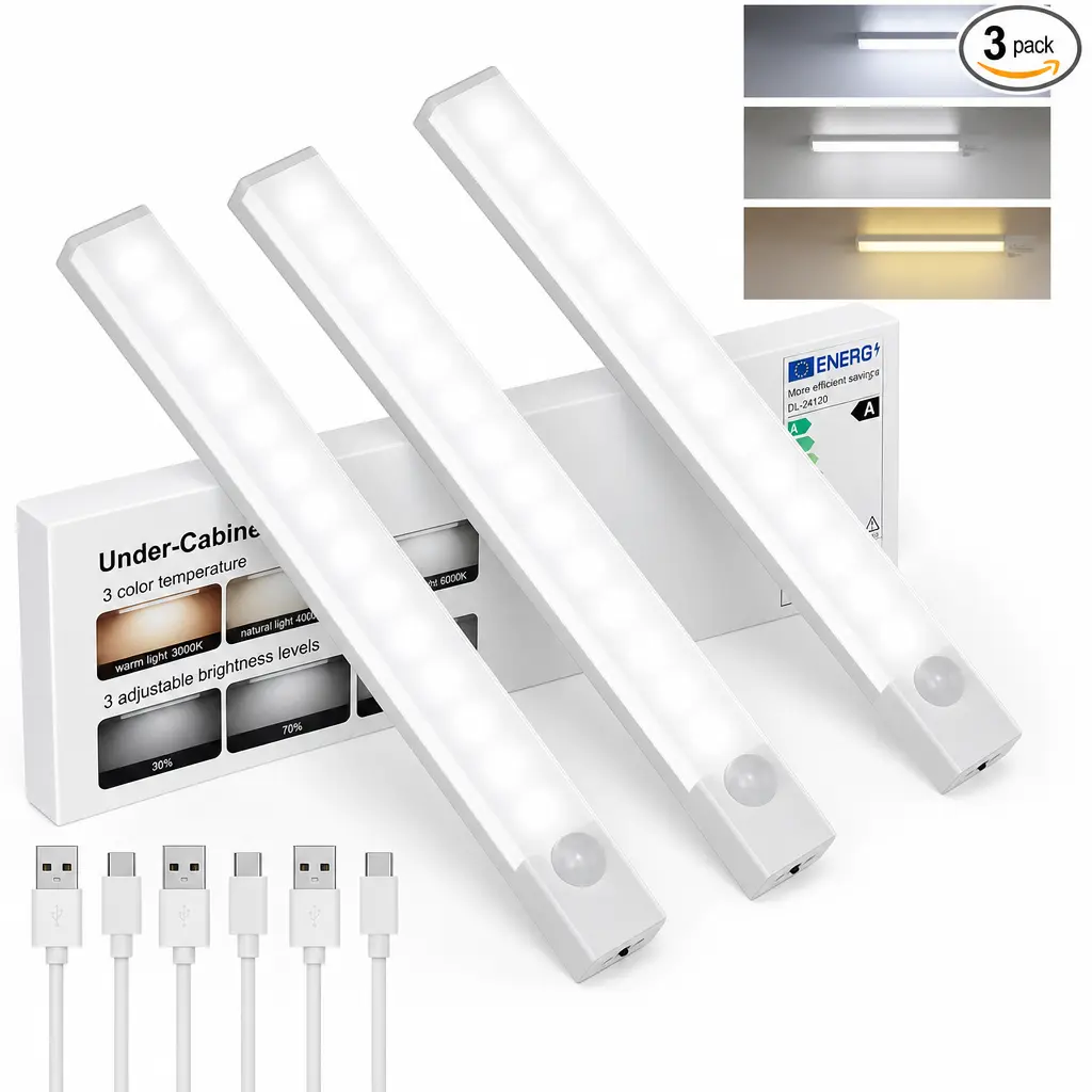 Magnetic LED Under-Cabinet Lamp, Modern Strip Light with No-Drill Self-Adhesive Wireless Design for Kitchen Cabinet, Bedroom Decor