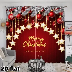2D Flat 2Pcs Holiday Festive Curtains Red Background Golden Stars Printed Panel Christmas Ball Ornaments Silver Pine Leaves Design Rod Pocket Style Semi Sunshade Fabric Window Treatment Home Decor Living Room Bedroom Gift