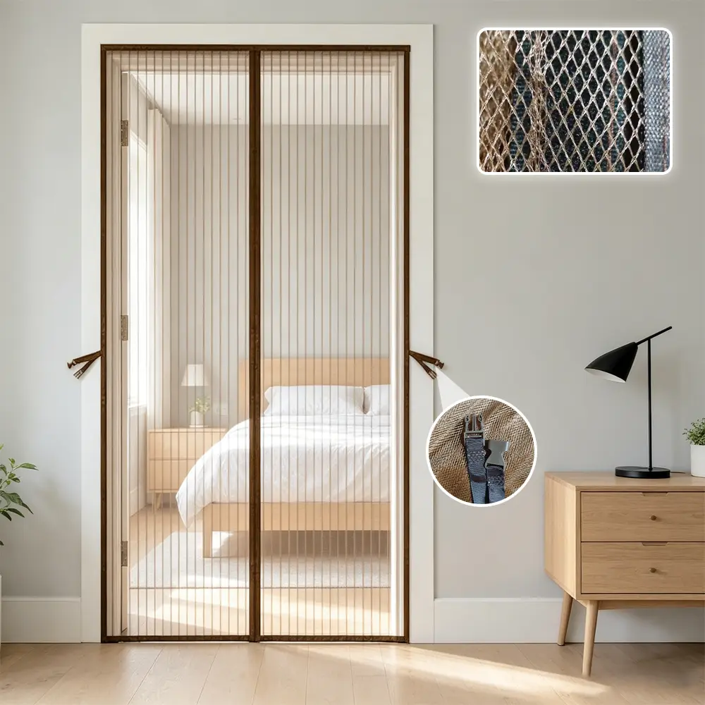 AIYYIPA Brown Striped Magnetic Mesh Screen Door, Auto‑Closing Hands‑Free Door Curtain, Durable Polyester Screen Net, Keep Bugs Out While Letting Fresh Air In, Fits Most Household Door Frames