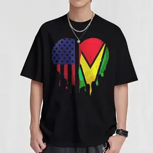 Patriotic Guyana Heart Flag T-Shirt – Embrace American-Guyanese Heritage, Soft, Short Sleeve, Machine Washable, Casual Style Cotton Fabric Menswear Top Breathable Clothes Fashion Day