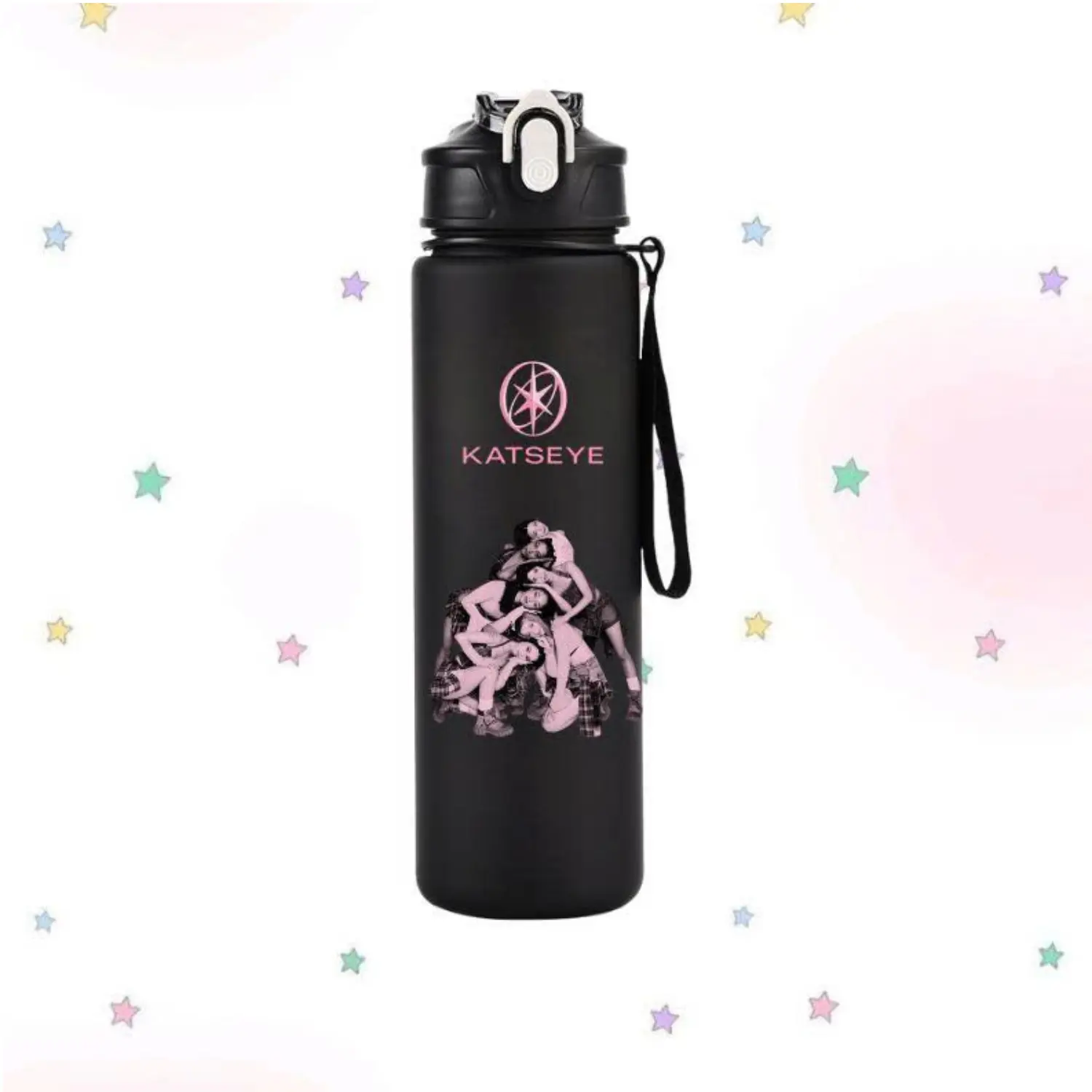 KATSEYE Black Water Bottle with Carry Strap – Girl Group Graphic Sports Bottle for School, Travel and Daily Use
