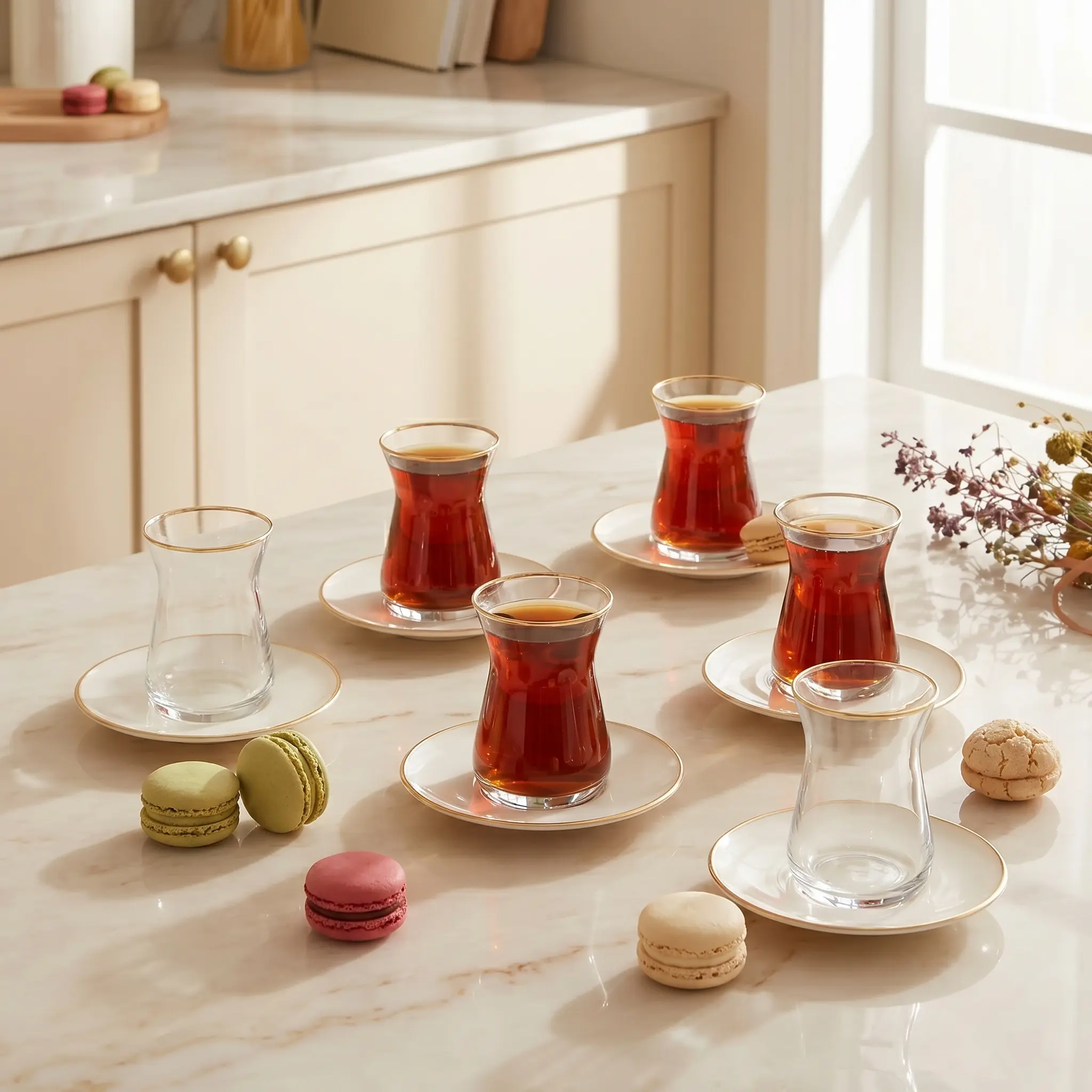 Karaca Retro 12-Piece Glass Tea Set for 6, 132ml Beige Gold Turkish Tea Glass & Saucer Set