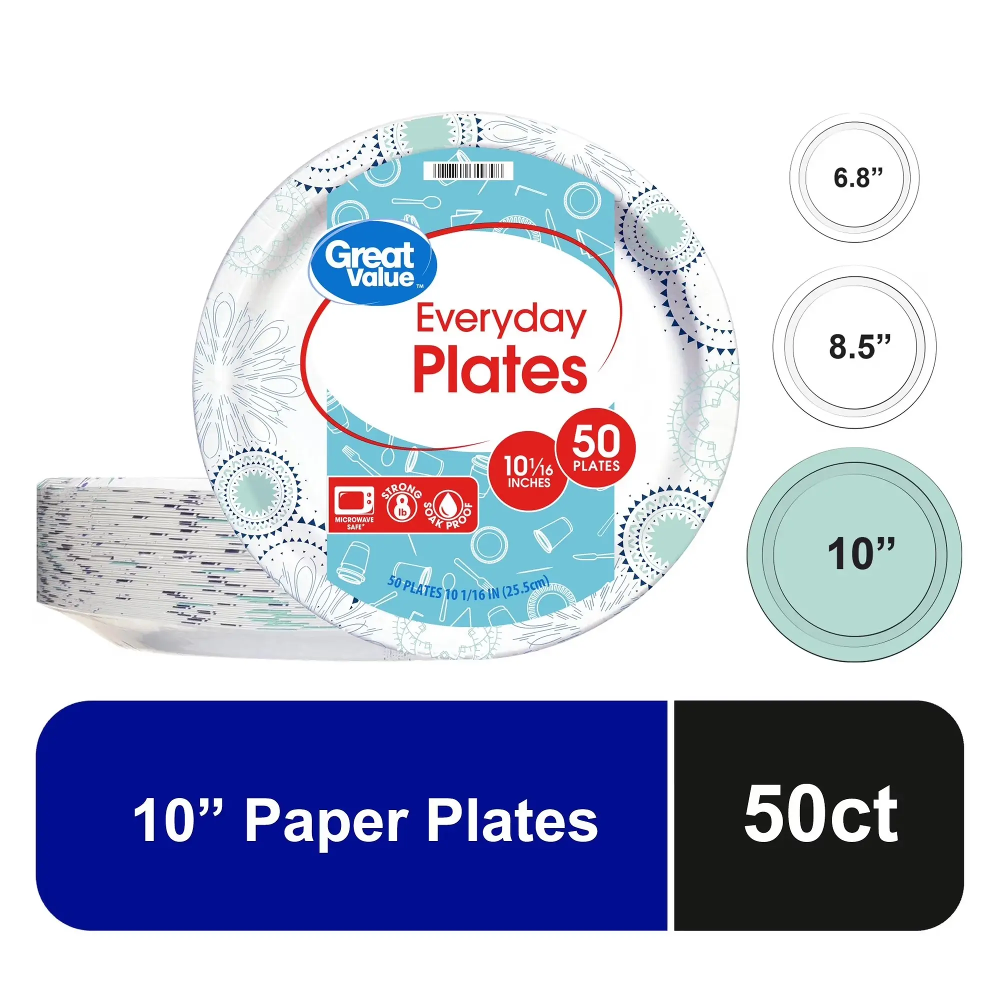 Great Value Disposable Paper Plates, 10 Inch, Multicolor Design, 50 Count