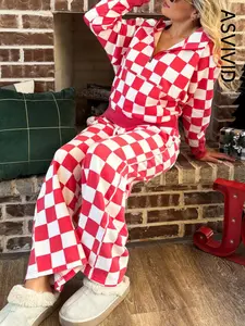 Women's Casual Checkered Print Half Zip Hoodie Long Pants Set, Long Sleeve, Spring & Fall Fashion