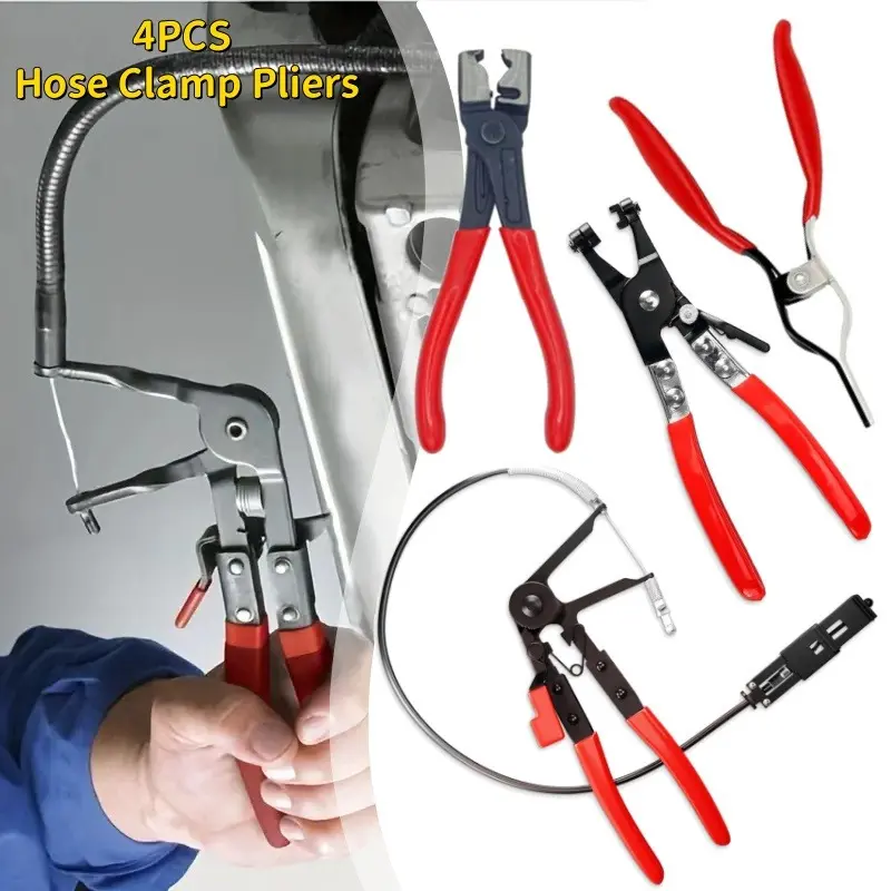 4 PCS Hose Clamp Snap Ring Pliers 4 in 1 Clamping Wire Tool Wire Flexible Hose Clamp Removal Tool and Ring Clamp Long Distance Compatible Car Truck Fuel Water Line Repair Tool kit set