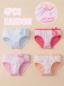 Cute Polka Dot Girls' Triangle Printed Panties, 4 Pack Random Colors, Polyester & Spandex Material, Comfortable Fit, Sweet Bow Design