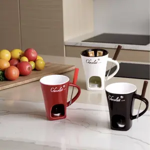 Chocolate Container Melting Cheese Candy Butter Hot Pot Mug with Fork, Ceramic Butter Individual Hot Pot Cup, Perfect for Desserts, Drinkware