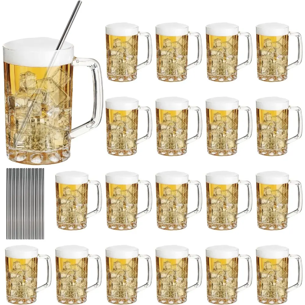 20 Pcs Plastic Beer Mugs with Handles and 20 Stainless Steel Straws, Large Drinking Cups Reusable Clear Beer Stein Glasses Bulk for Bar, Home, and Party Beverages(16 oz)
