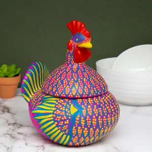 Hand Painted Clay Chicken Bowl with Lid