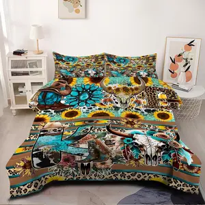 Cow Skull Print Comforter Set, 2/3 Pcs Boho Bedding Set, Soft Cozy Microfiber Quilted Quilt, Farmhouse Aesthetic Bedroom Decor for Women Moms, All Season Warm Bedding. 1 or 2 Pillowcase No Pillow Core