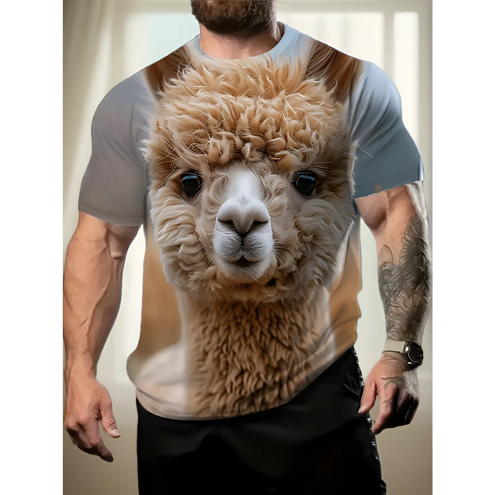 3D Printed Alpaca Pattern Men'S Fashion Crew Neck Short Sleeve T-Shirt, with Three-Dimensional Print And Comfortable Fit, Suitable for Casual Street Style Daily Wear in Summer, an Excellent Gift Choice for Boyfriends, Plus Size