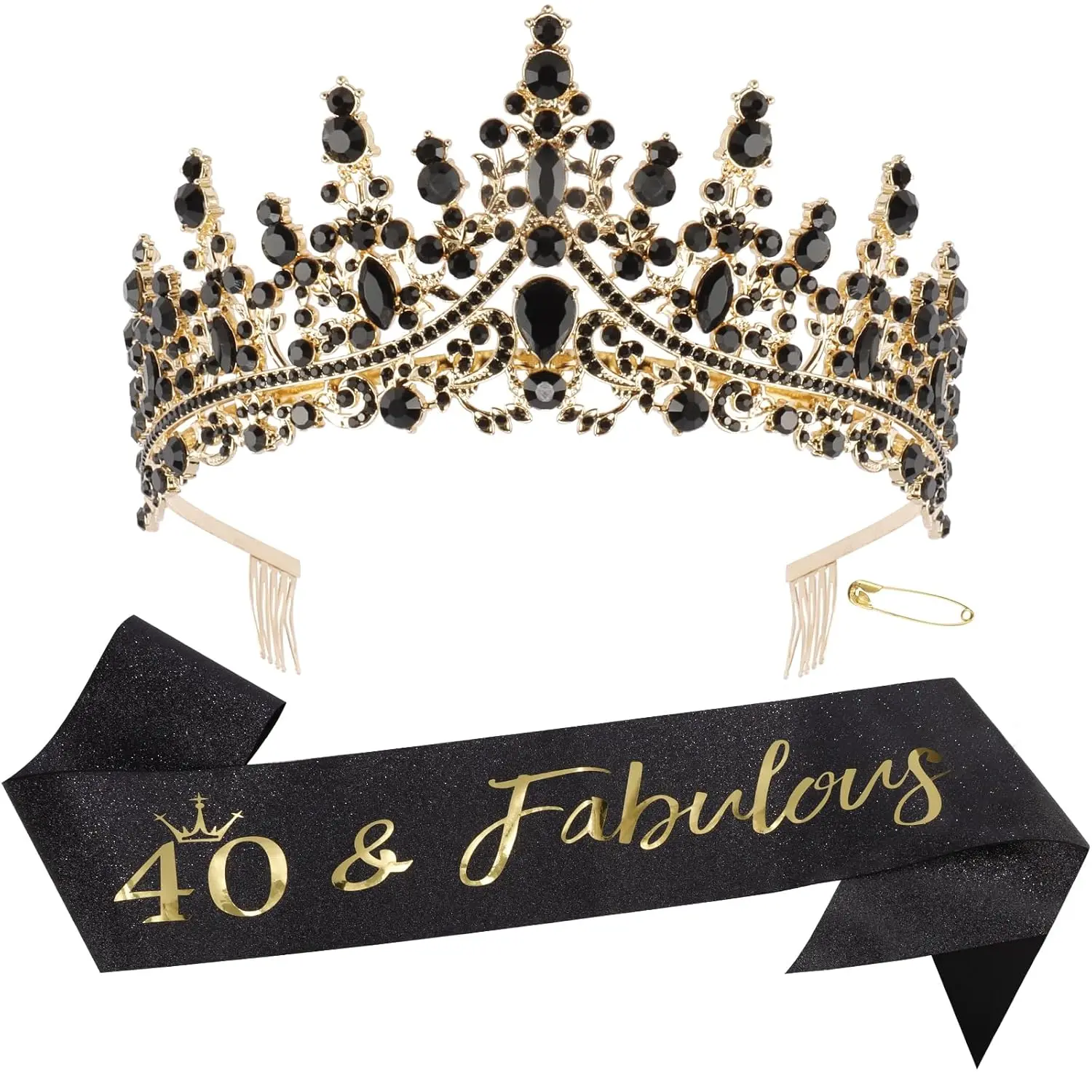 40th Birthday Crown and Sash Set - Sparkling Black Tiara with '40' & 'Fabulous' Sash - Women's 40th Birthday Decorations and Gifts