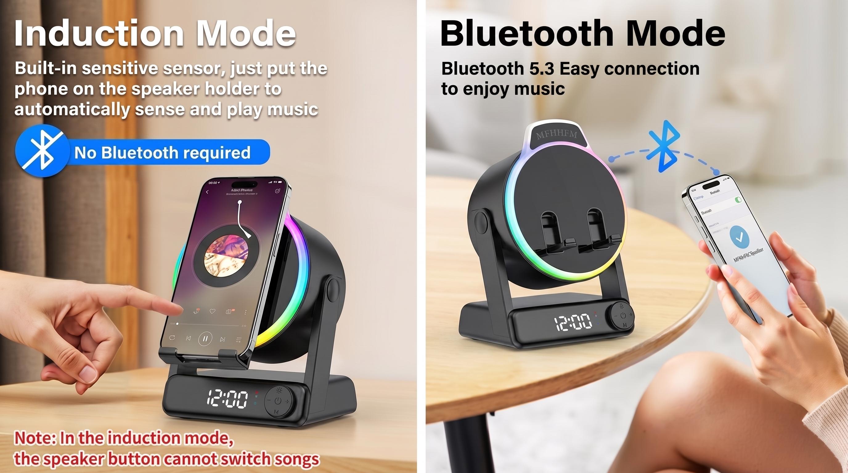 MFHHFM Portable Wireless Induction Bluetooth Speaker - 5-in-1 Mobile Device Accessory with Phone Stand, Stereo Sound, Digital Alarm Clock, RGB LED Light, Adjustable Holder for iPhone, Android & iPad, Batteries Included, Tech Gifts for Women, Portable Spea