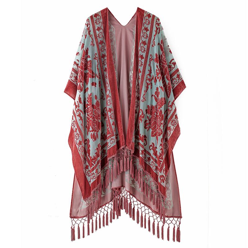 WeHello Women's Boho Burnout Velvet Kimono Long Cover Up with Tassel Casual Cardigan Shawl Flowy Fabric Beachwear Suit Womenswear Clothes Swimwear Coverups