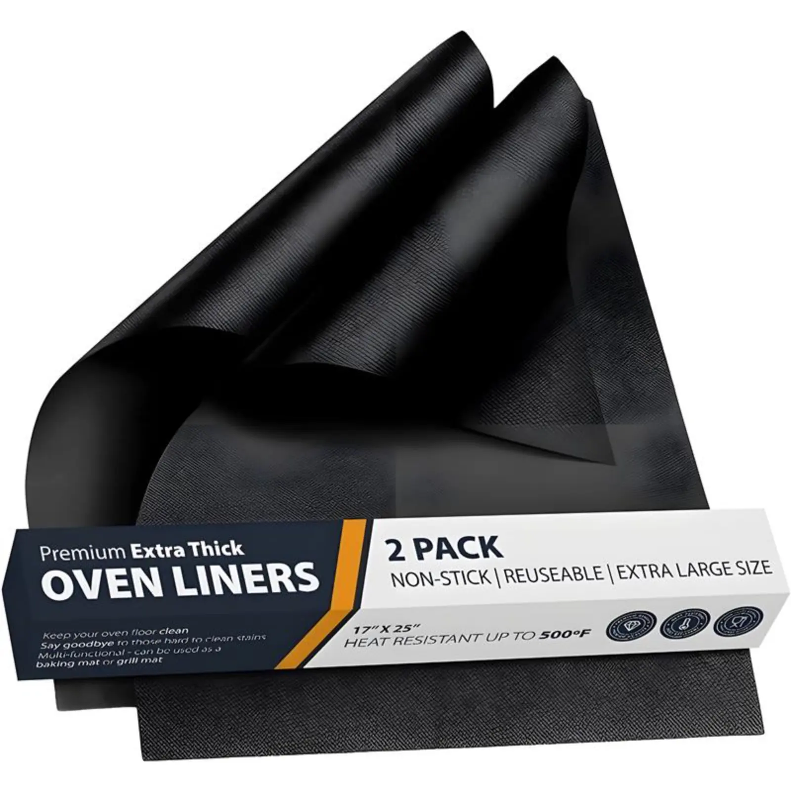 Premium Extra-Thick Fiberglass Baking Mats, 2-Pack 17"x25" Heavy-Duty Non-Stick Reusable Utensils, PFOA-Free BPA-Free Dishwasher-Safe Kitchen Bakeware for Electric & Gas Oven Bottoms, Black Large Cooking Accessory