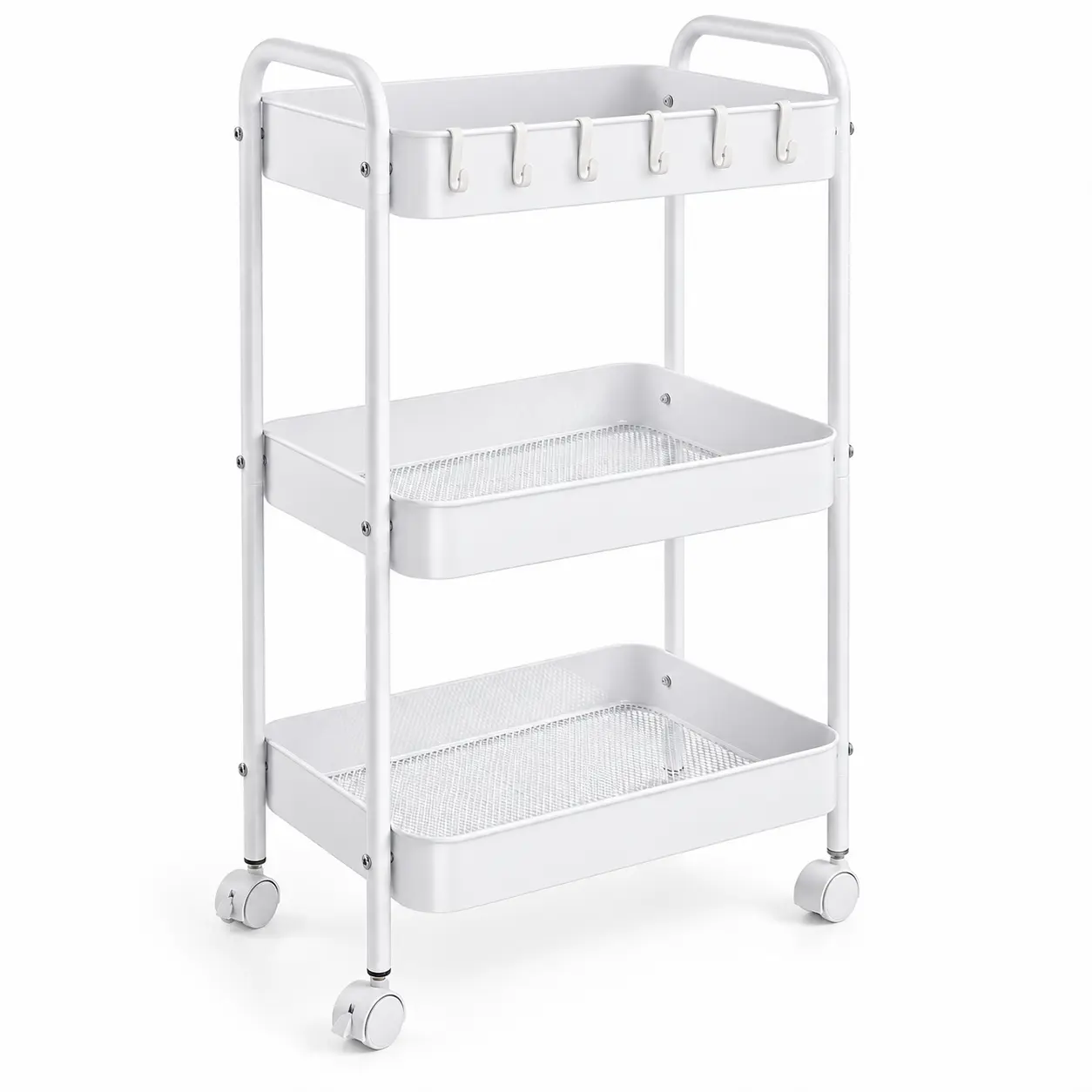 3-Tier Rotatable Rustproof Carbon Steel Utility Storage Rack - Heavy Duty, Lock Wheels, Handle, 6 Side Hoops, 2/3 Shelf Switch, Dry Mesh Bottom, Multi-Compartment Storage Solutions, 3-Tier Quick Access, Rollable with Lockable Wheels, for Kitchen, Bathroom