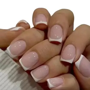 24pcs Glossy Short Square Fake Nails, White French Tip Press On Nails, Sweet Pink False Nails For Women Girls Daily Wear Nail Art Nail Care Nail Polish Polish Cutics Manicure Cosmetic Salon