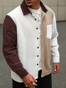 Men's Colorblock Corduroy Shirt, Casual Fashion Long Sleeve Button Front Collar Design, Spring & Fall Wearable Menswear