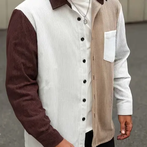Men's Colorblock Corduroy Shirt, Casual Fashion Long Sleeve Button Front Collar Design, Spring & Fall Wearable Menswear