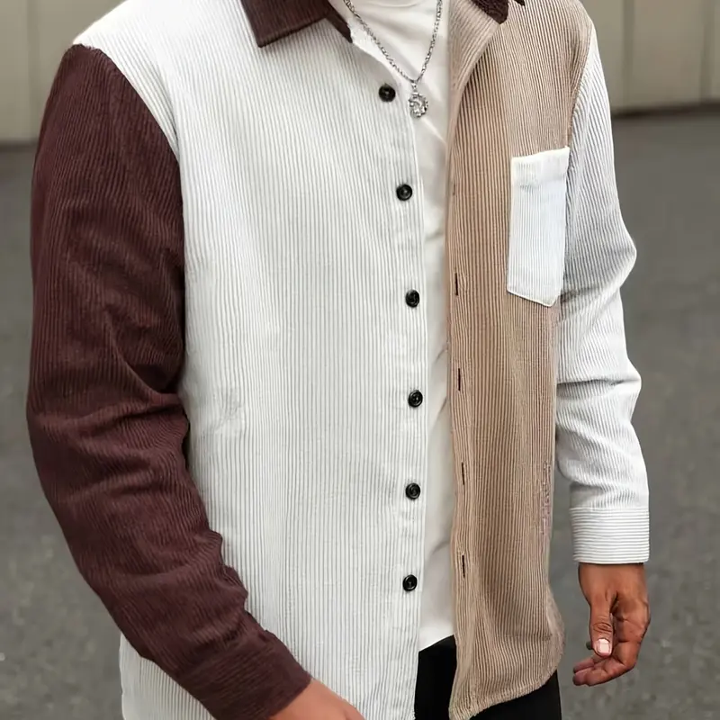 Men's Colorblock Corduroy Shirt, Casual Fashion Long Sleeve Button Front Collar Design, Spring & Fall Wearable Menswear