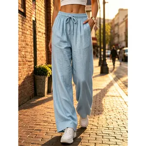 Women's Solid Color Mid-Waist Drawstring Wide Leg Linen Pants - High-Quality, Lightweight Breathable Fabric, Loose Comfortable Simple Bottom, Suitable for Daily Everyday Summer Wear comfy scrub