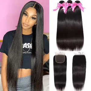 12A Straight  with Closure Human Hair 18 20 22 with 16 Inch  Unprocessed Brazilian Virgin  Human Hair Quick Weave 3  with 4x4  Lace Closure 1B Black