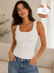 Women's Built In Bra Tank Top, Ribbed Square Neck Padded Camisole, Soft Stretch Sleeveless Basic Top for Daily Wear