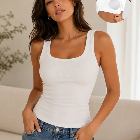 Women's Ribbed Sleeveless Square Neck Tank Top - Built-in Padded Bra, Wide Straps, Stretch Breathable Fabric, Light Support, Fitted Casual, Hang Dry, Everyday Outfits, Jacket-Pairable Flattering Tops