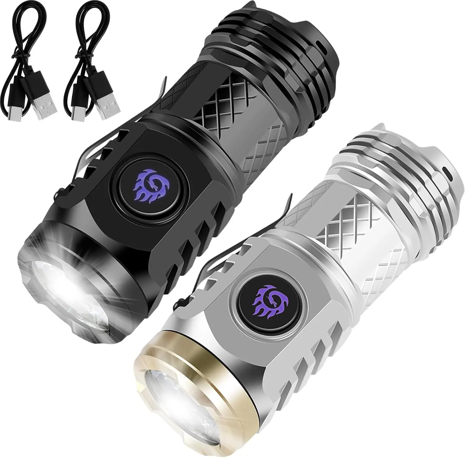 German Three-Eyed Monster Mini Flashlight, Super Power Thumb Light with Clip, Portable LED Torch (Black+Silver)