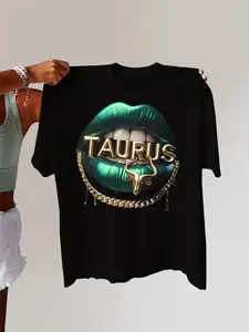 Women's Taurus Zodiac T-Shirt - Golden Bull Head & TAURUS Lettering with Green Lips Design, Round Neck Casual Athleisure Top, Medium Weight Suitable for Spring Summer Fall, Taurus Gift for Casual Attire