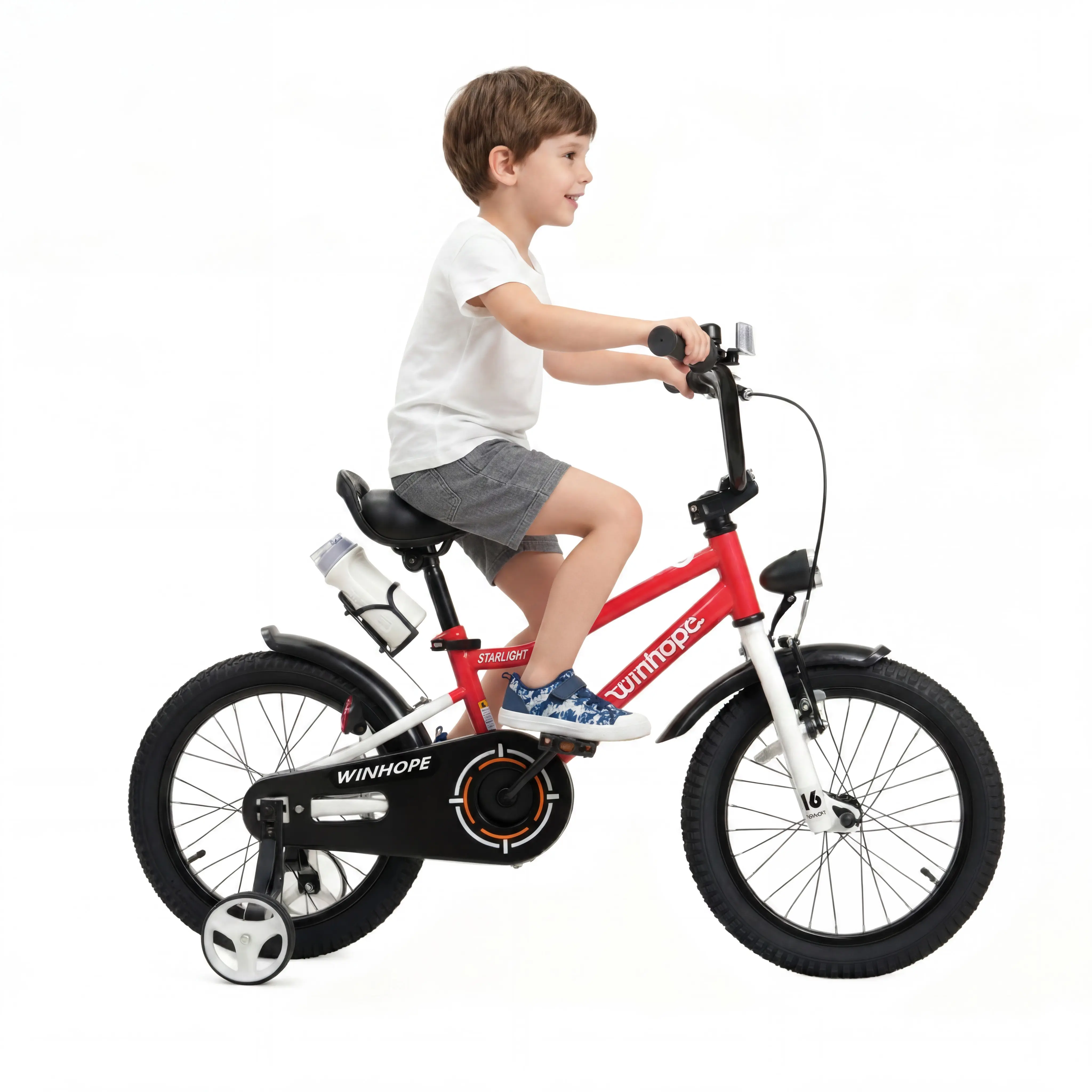 WINHOPE Starlight Kids’ Bicycle for Ages 2-9, 12-18in with Training Wheels, Front Light, Mudguards, Water Bottle Holder, Loud Bell, Dual Brakes, Adjustable Seat & Handlebar, 95% Preassembled, BPA-Free, Latex-Free, Supports Children Development, Reflective