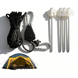 4mm Braided Polyester Camping Tent Rope Pulley System - 13ft Adjustable Tightener with Carabiner 4 Glow-in-the-Dark Steel Stakes, 34kg Load Capacity for Outdoor Camping