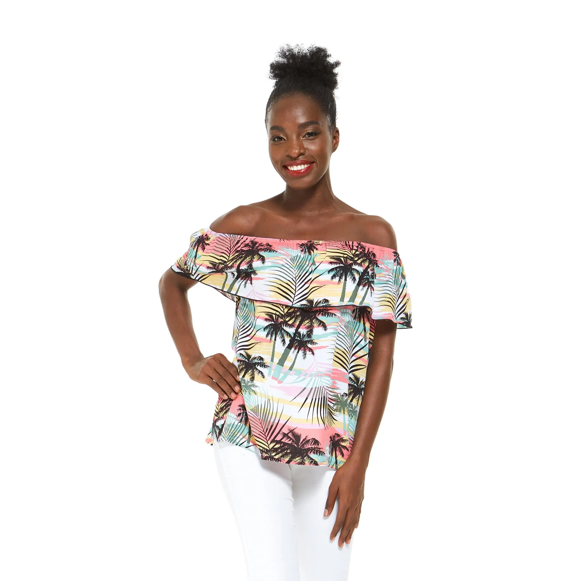 Women's Off the Shoulder Top in Sunset Neon Pastel