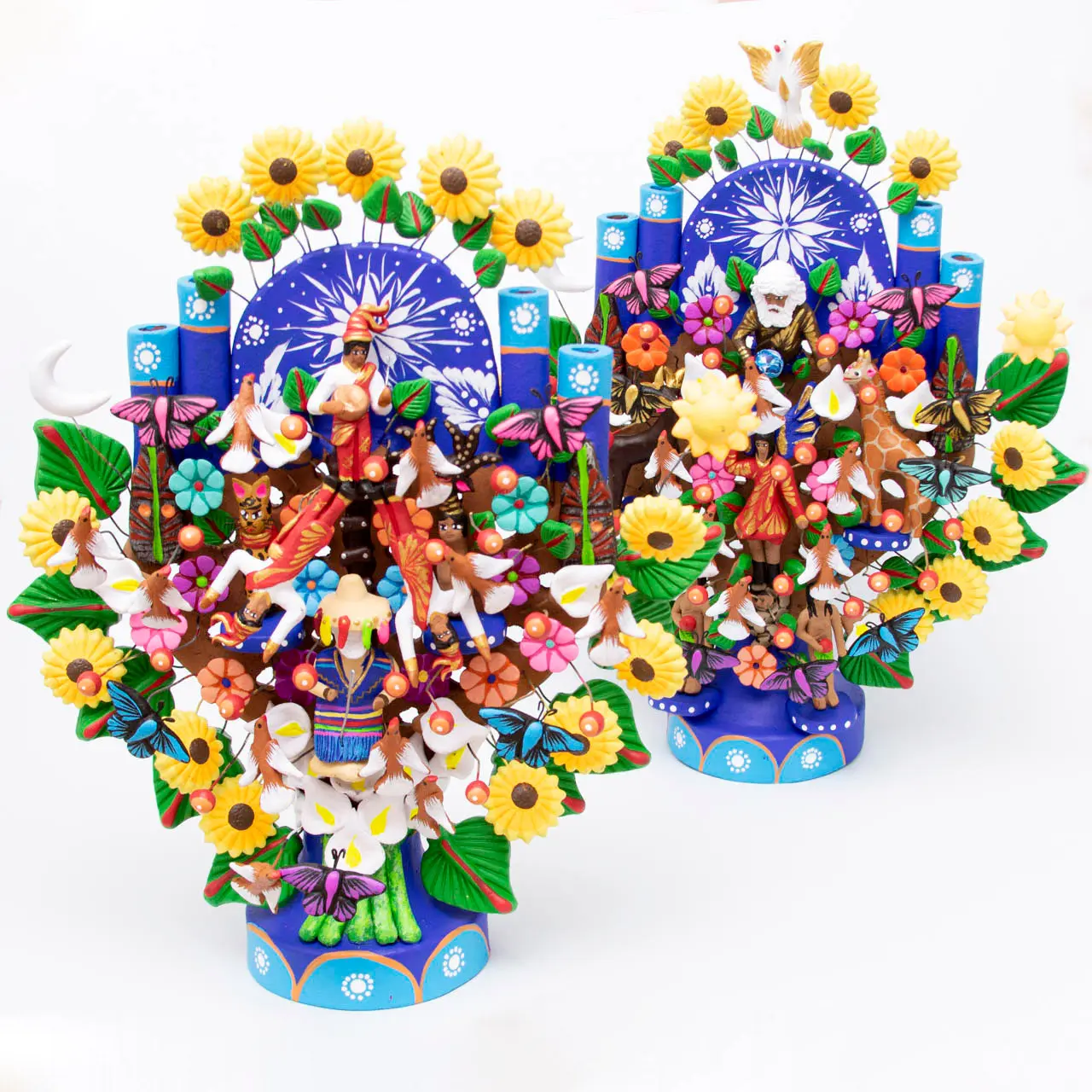 Traditional Mexican Clay Art Tree of Life Figurine - 1ft Handcrafted Handpainted Colorful Clay Sculpture, 3.25in Diameter Home Decor Ornament for Cultural Lovers with Tree Motifs