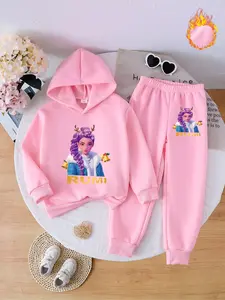 Fleece Hoodie Set, Matching Christmas Cartoon Print, Long Hair Character with Antlers & Bells, Casual Loose Fit Pants, Outfit