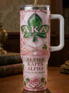 Alpha Kappa Alpha Tumbler with Handle – AKA Sorority Luxury Mug, Pink & Green Stainless Steel Cup, Perfect AKA Gift