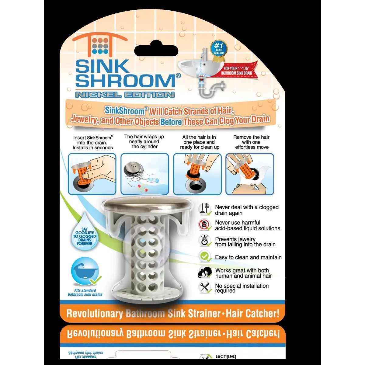 SinkShroom SSNE425 Nickel Edition Shell-Shaped Bathroom Sink Drain Protector, Revolutionary Hair Catcher - Gray, Shell-Shaped Drain Protectors