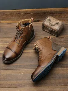 Men's Fashionable Lace Up Zipper Design Boots, Casual Comfortable Mid-calf Boots for Fall & Winter, Male All-match Trend Shoes for Daily Wear, Valentine's Day Gift for Men