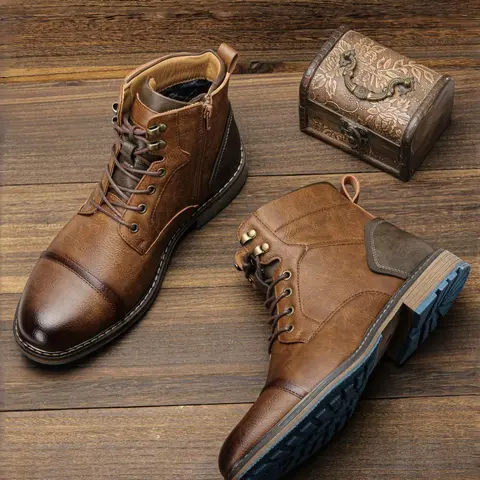 Men's Fashionable Lace Up Zipper Design Boots, Casual Comfortable Mid-calf Footwear Boots for Fall & Winter, Male All-match Trend Shoes for Daily Wear, Valentine's Day Gift for Men