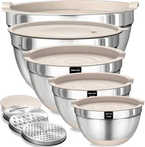 Umite Chef Mixing Bowls with Airtight Lids Set, 8PCS Stainless Steel Khaki Nesting Bowls with Grater Attachments, Kitchen Bowls with Non-Slip Bottoms, Size 5, 4, 3.5, 2, 1.5QT for Mixing & Serving