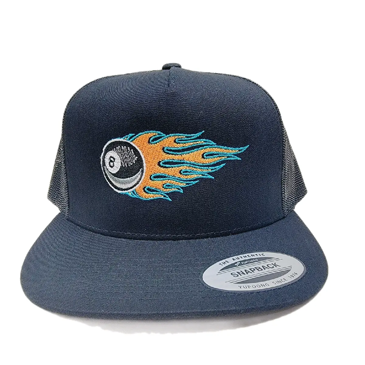 8 Ball Billiards Direct Embroidered Mesh Flat Bill Trucker Hat - Adjustable Fit, Sports & Outdoor Accessory, Men's Accessory, Male Unisex Cap for Billiards Enthusiasts, Casual Wear, Adults Gifts, Trucker Hats, Trendy Trucker Hat