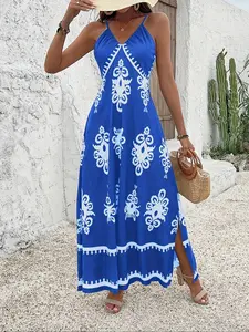 Floral Print Split Back Slit Spaghetti Strap Dress, Casual Slim-Fit Woven Fabric, All Seasons Wearable, Moderate Thickening